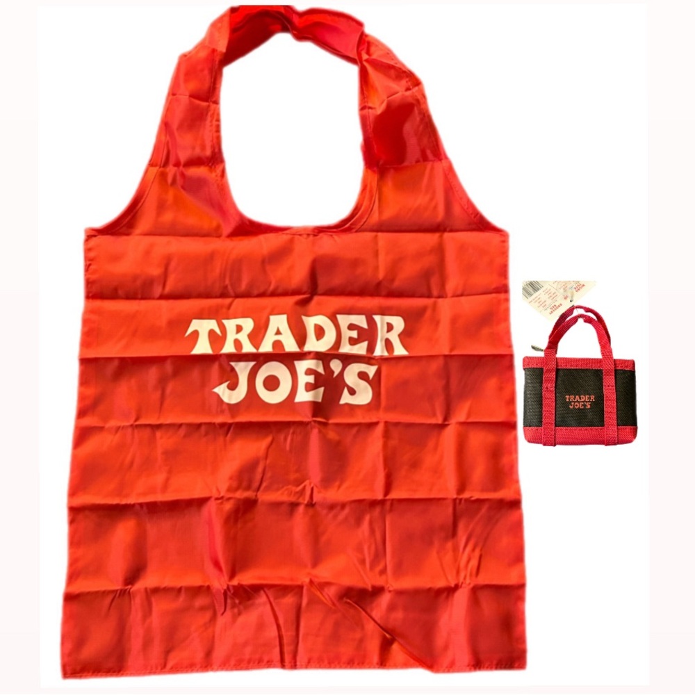 Trader Joe's 🌞2 Bags-in-1 Red Reusable Grocery Bag and Black Micro Tote Set